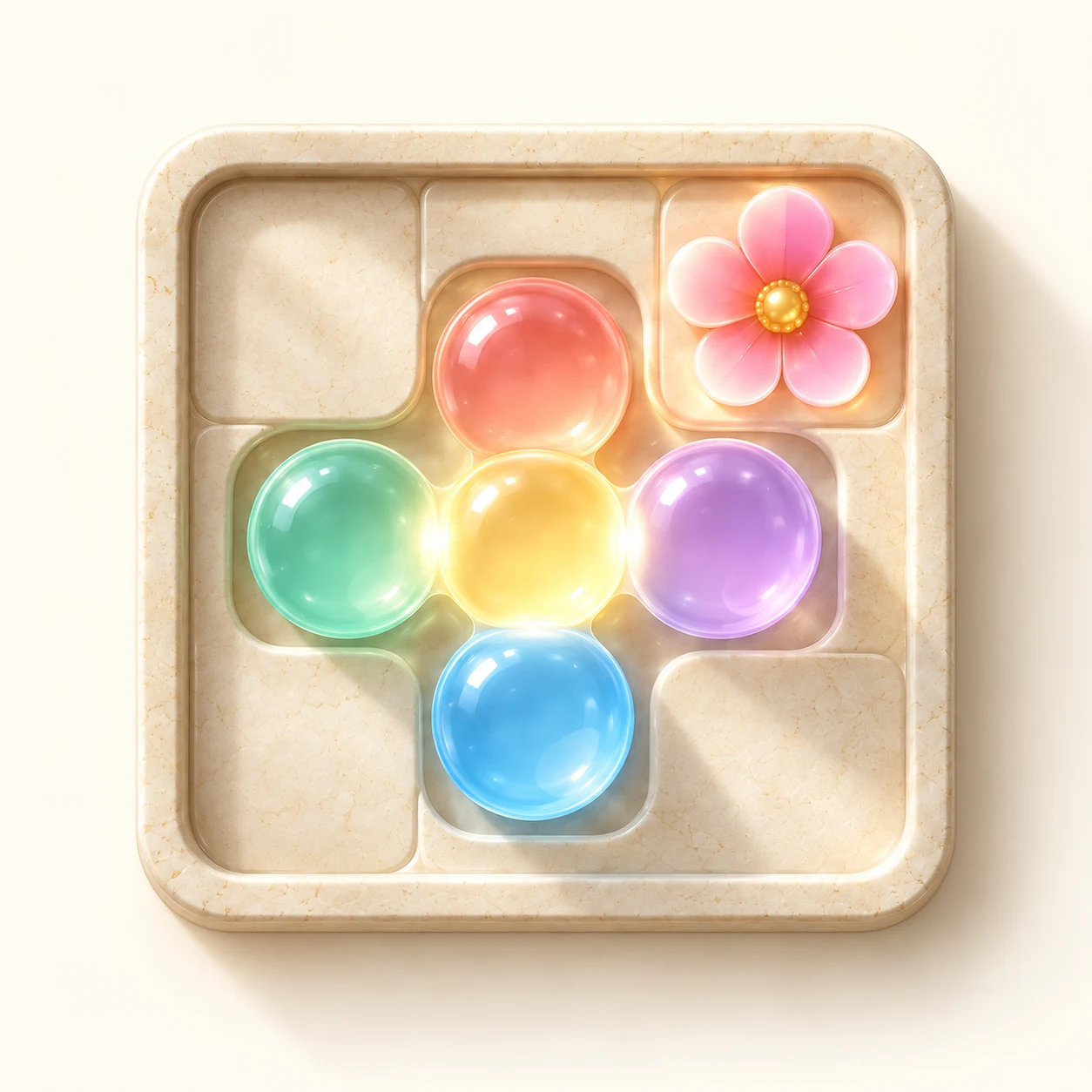 Colorful jelly puffs sharing golden light on a cream puzzle tray, beside a glowing pink flower